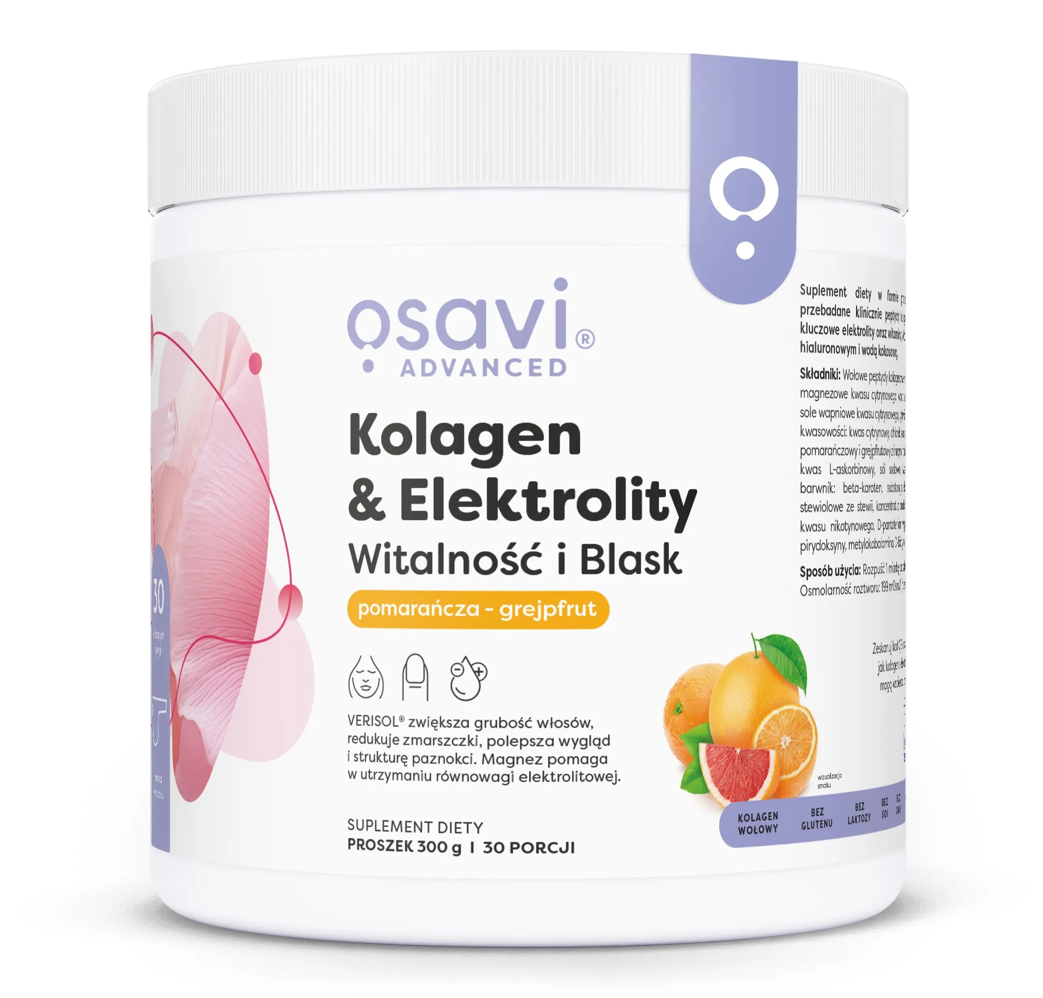 Osavi - Kolagen & Elektrolity Witalność i Blask, Pomarańcza - Grejpfrut, Proszek, 300g