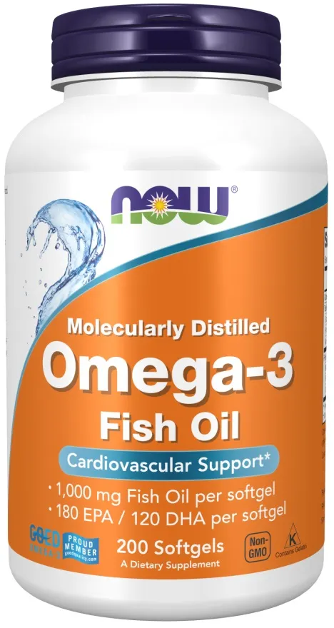 NOW Foods - Omega 3, Molekularnie Destylowany Olej Rybny, 200 kapsułek miękkich