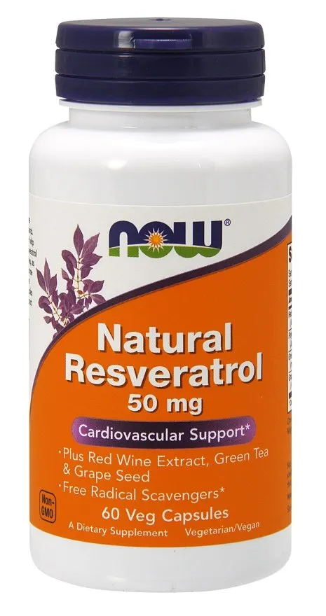 NOW Foods - Naturalny Resweratrol z Ekstraktem z Czerwonego Wina, Zieloną Herbatą i Pestkami Winogron, 50 mg, 60 vkaps