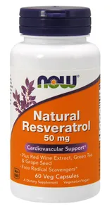 NOW Foods - Naturalny Resweratrol z Ekstraktem z Czerwonego Wina, Zieloną Herbatą i Pestkami Winogron, 50 mg, 60 vkaps