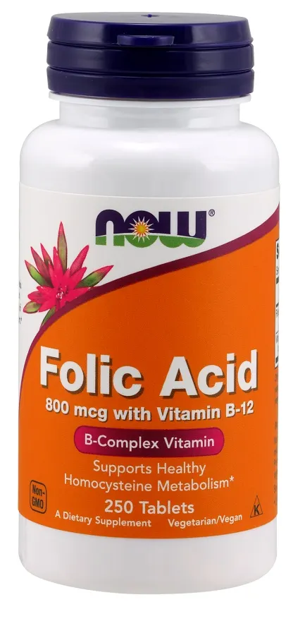 NOW Foods - Kwas Foliowy, 800 mcg z Witaminą B12, 250 tabletek